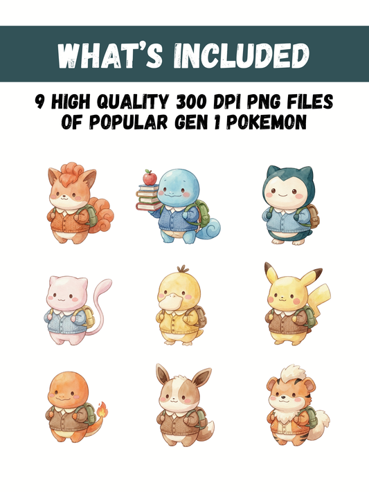 Gen 1 Back To School PNG Bundle, 16 Popular Pokémon Clipart, Cute Watercolor Kawaii School PNG, Digital Download