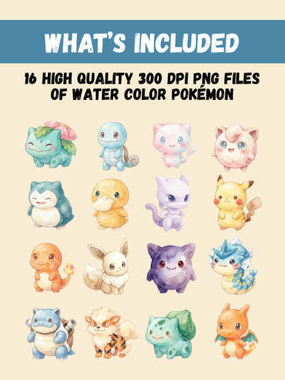 Watercolor Pokémon PNG Bundle, 16 Cute Kawaii Clipart Designs, Anime Watercolor Digital Download, Sublimation Sticker Art, Instant Download