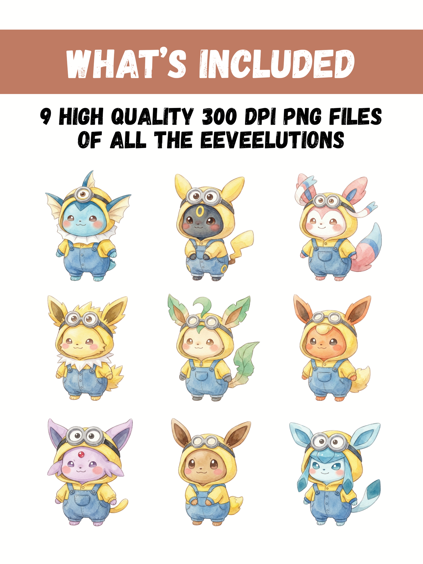 Eevee Evolutions Minions Costumes PNG Pack, Chibi Kawaii Clipart, Cute Worker Outfits, Digital Download