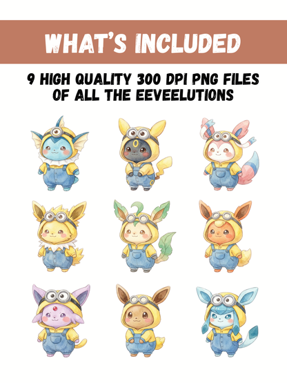 Eevee Evolutions Minions Costumes PNG Pack, Chibi Kawaii Clipart, Cute Worker Outfits, Digital Download
