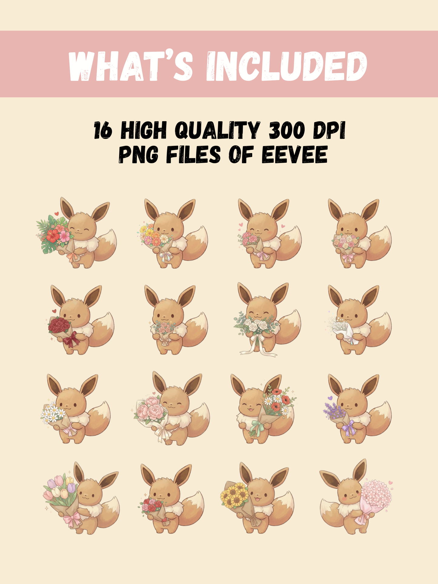 Eevee Holding Bouquets PNG Pack, 16 Cute Eevee Poses, Chibi Kawaii Clipart, Flower Bouquet PNG, Anime PNG, Digital Download
