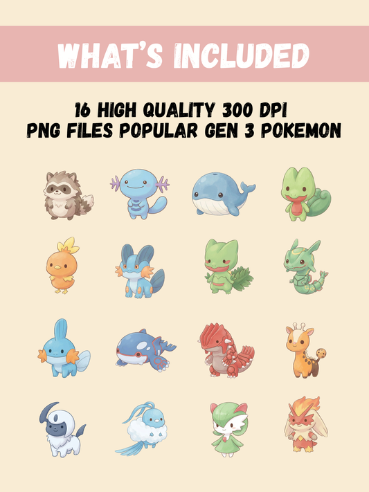 Popular Gen 3 Pokémon PNG Pack, 16 Fan Favorite Hoenn Pokémon, Chibi Cute Kawaii Clipart, Anime PNG, Digital Download