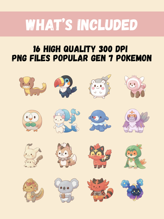Popular Gen 7 Pokémon PNG Pack, 16 Fan Favorite Alola Pokémon, Chibi Cute Kawaii Clipart, Anime PNG, Digital Download