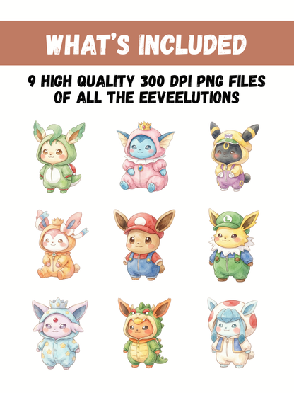 Eevee Evolutions Mario PNG Pack, 9 Eevee Evolutions, Chibi Kawaii Clipart, Game Costumes, Video Game, Digital Download