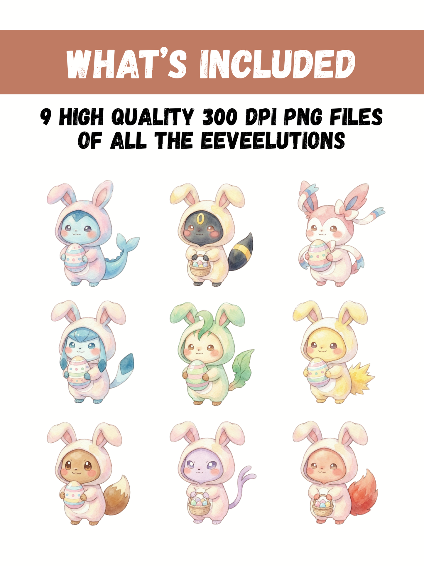 Easter Eeveelutions PNG Bundle, Bunny Onesie Pokémon Clipart, Cute Watercolor Kawaii Easter PNG, Spring Digital Download