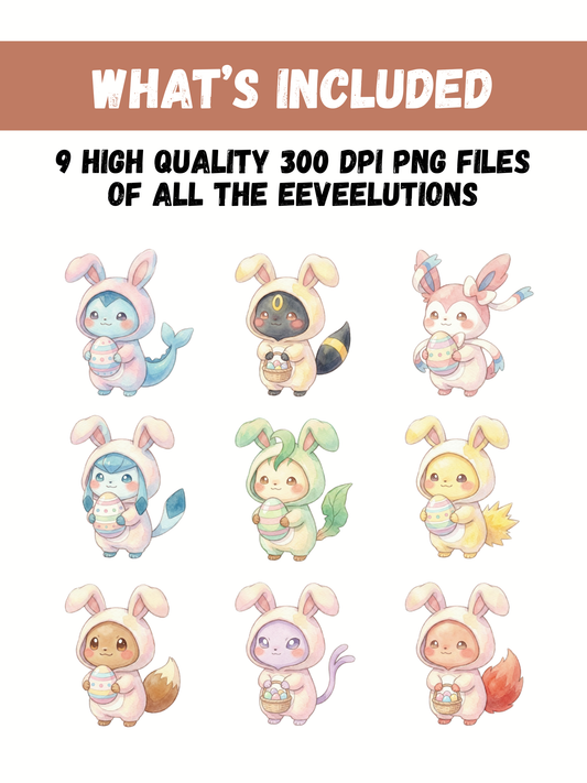 Easter Eeveelutions PNG Bundle, Bunny Onesie Pokémon Clipart, Cute Watercolor Kawaii Easter PNG, Spring Digital Download