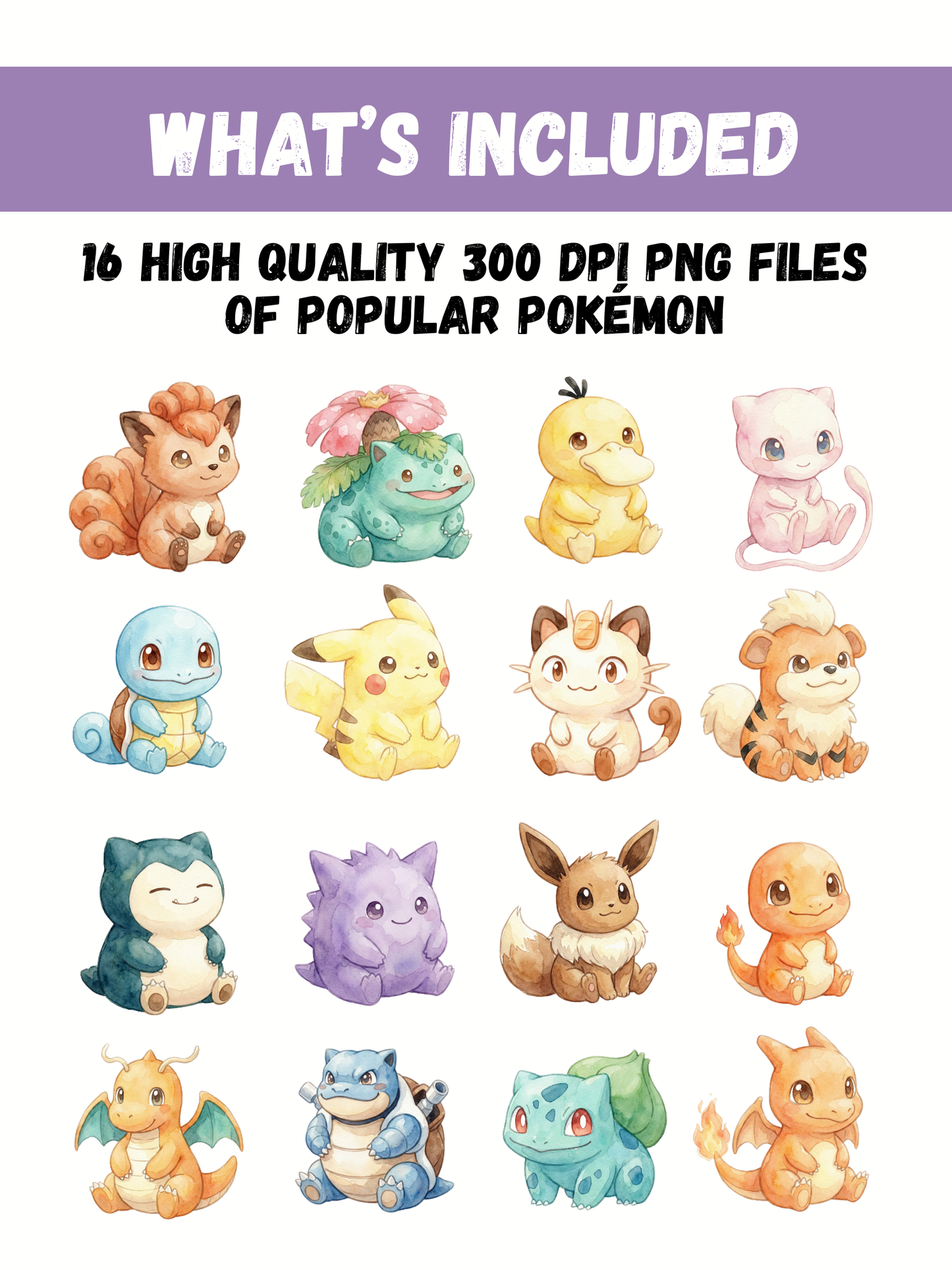 Watercolor Pokemon Sitting PNG Bundle, 16 Cute Kawaii Designs, Soft Hand Painted Clipart, Transparent PNG, Instant Download