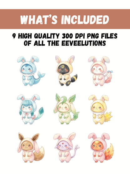 Easter Eeveelutions PNG Bundle, Bunny Onesie Pokémon Clipart, Cute Watercolor Kawaii Easter PNG, Spring Pokémon Digital Download