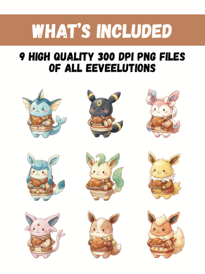 Eevee Thanksgiving PNG, Cute Eevee Holding Turkey Clipart, Kawaii Watercolor Fall Digital Download