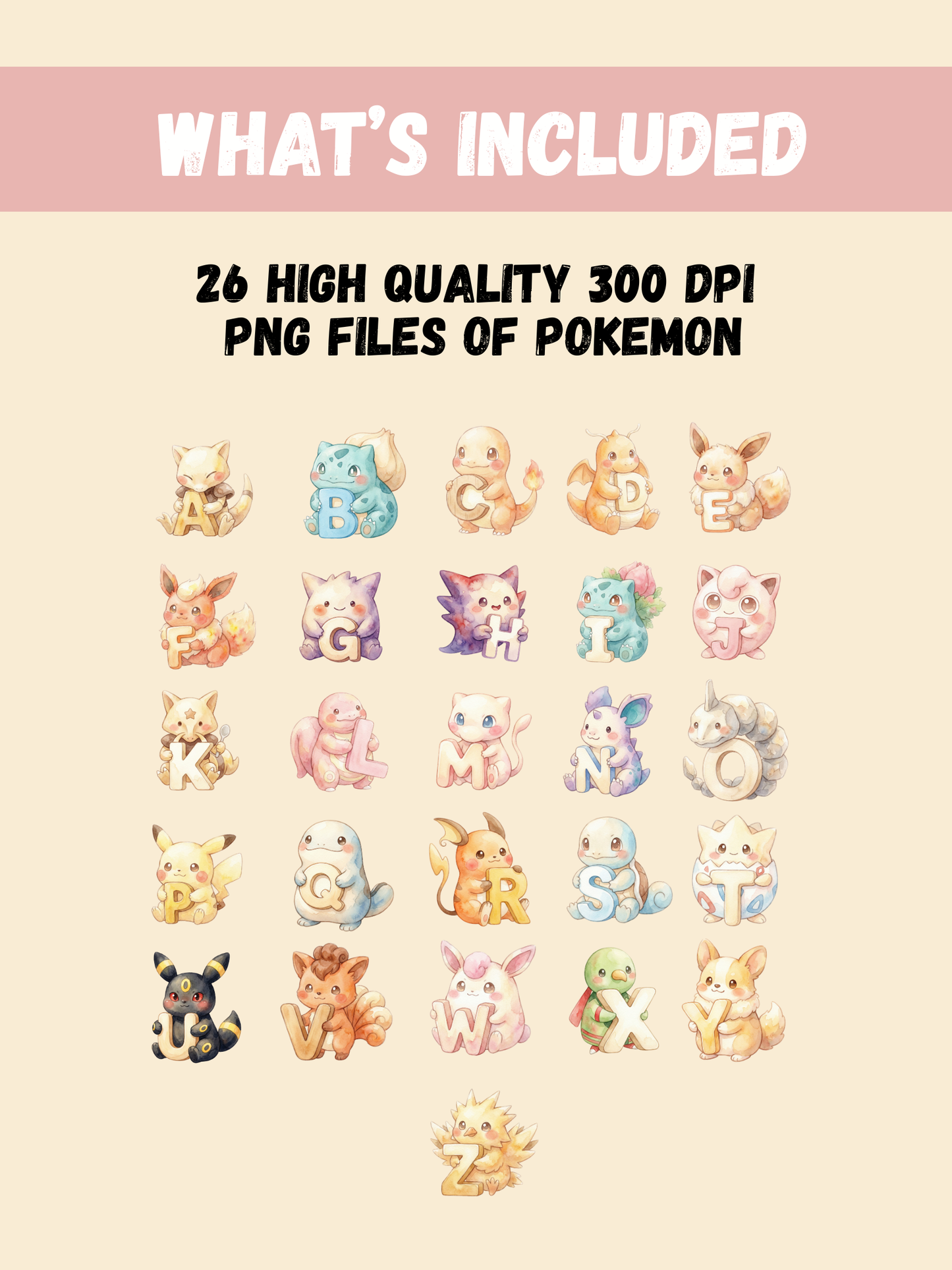 Pokemon A-Z Alphabet PNG Pack, 26 Chibi Kawaii PNGs, A to Z Letter Set, Kids Clipart, Digital Download