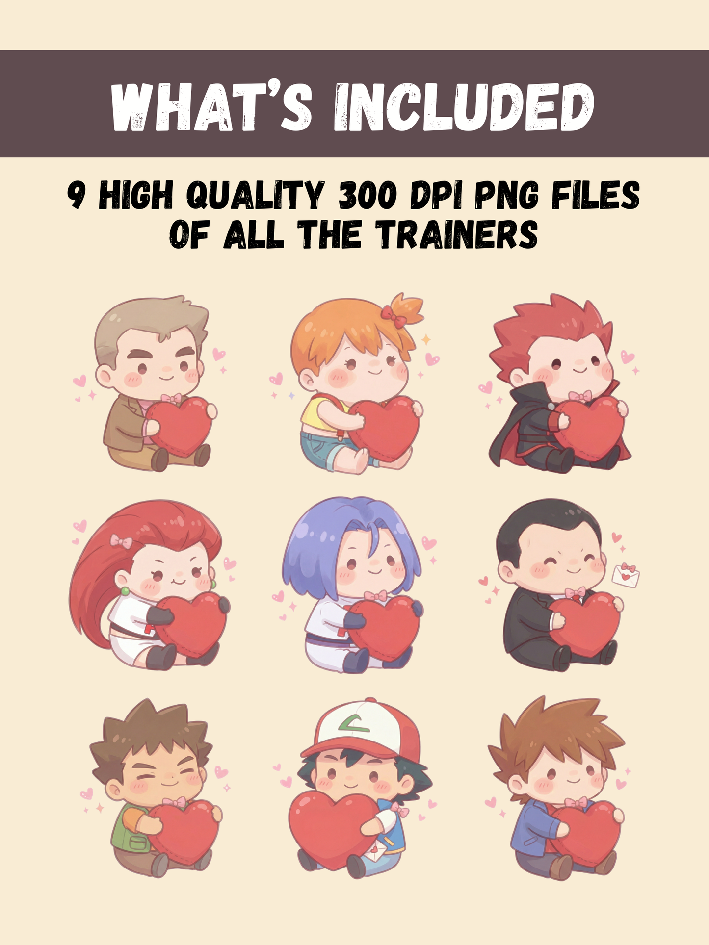 Pokémon Trainers Love PNG Pack, 9 Popular Trainers, Chibi Cute Kawaii Clipart, Valentine Hearts, Anime PNG, Digital Download