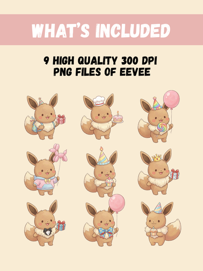 Eevee Birthday PNG Pack, 9 Birthday Eevee Designs, Chibi Cute Kawaii Clipart, Party Hat And Number Props, Anime PNG, Digital Download
