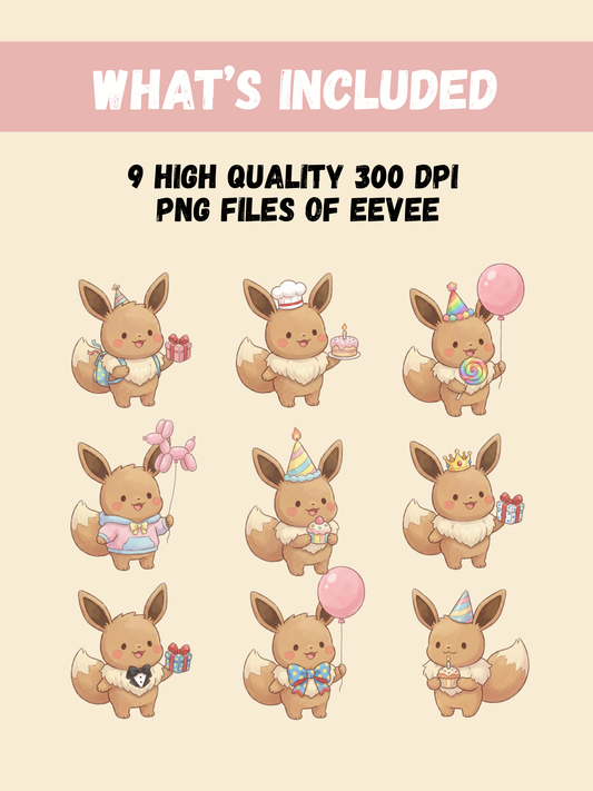 Eevee Birthday PNG Pack, 9 Birthday Eevee Designs, Chibi Cute Kawaii Clipart, Party Hat And Number Props, Anime PNG, Digital Download