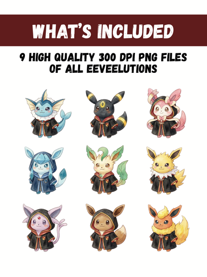 Eeveelutions Magic School PNG Bundle, Wizard Outfit Pokémon Clipart, Cute Watercolor Kawaii PNG, Digital Download