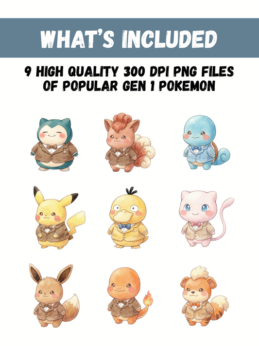 Gen 1 In Suits PNG Bundle, 16 Popular Kanto Pokémon Clipart, Business Outfit Cute Watercolor Kawaii PNG, Digital Download