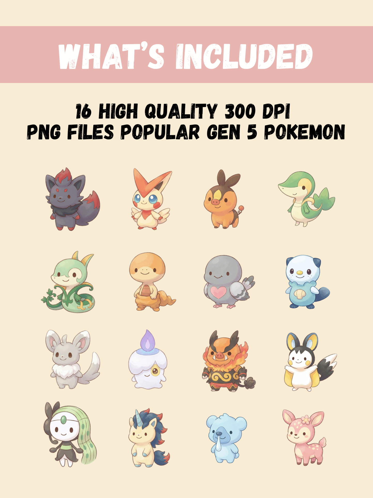Popular Gen 5 Pokémon PNG Pack, 16 Fan Favorite Unova Pokémon, Chibi Cute Kawaii Clipart, Anime PNG, Digital Download