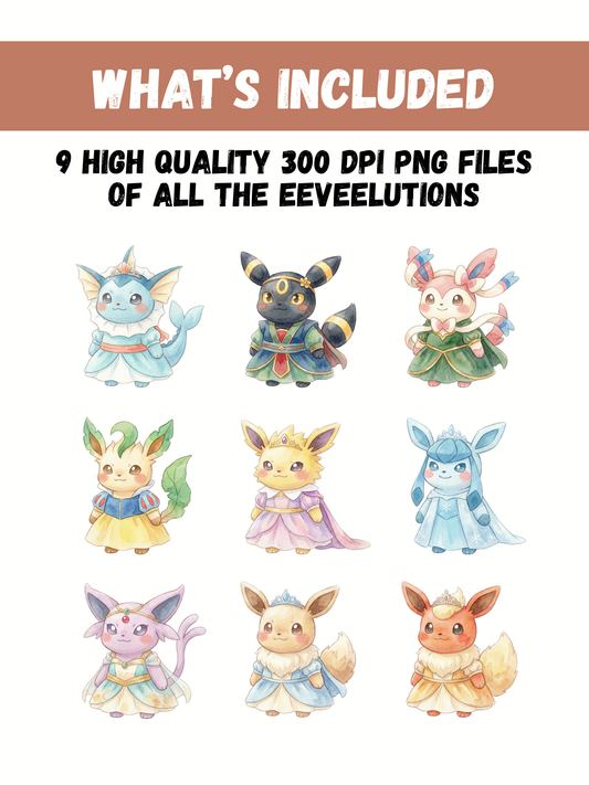 Eeveelutions Princess Costumes PNG Pack, 9 Eevee Evolutions, Chibi Kawaii Clipart, Fairytale Outfits, Digital Download