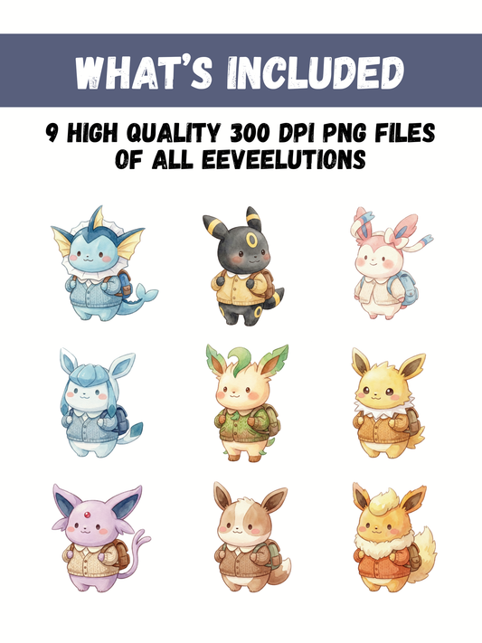 Eeveelutions Back To School PNG Bundle, School Outfit Pokémon Clipart, Cute Watercolor Kawaii PNG, Digital Download