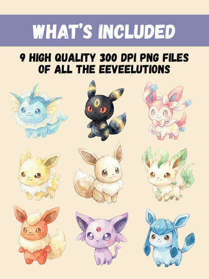Watercolor Eeveelutions Pokemon PNG Bundle, Cute Kawaii Clipart, Eevee Evolutions Digital Download, Anime Watercolor PNG