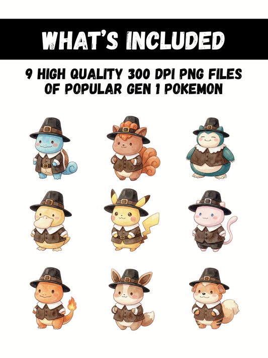 Gen 1 Pilgrims PNG Bundle, Thanksgiving Outfit Kanto Pokémon Clipart, Cute Watercolor Kawaii Fall PNG, Digital Download