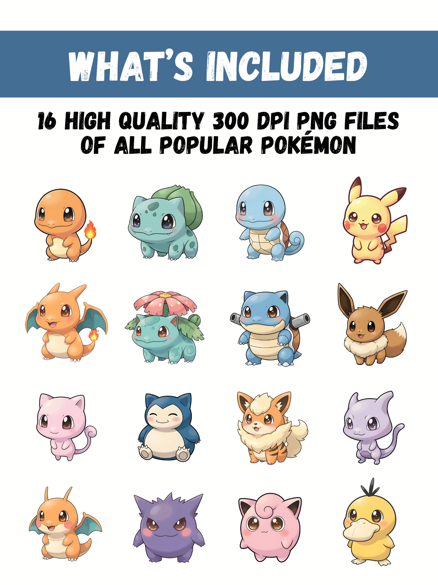 Pokémon PNG Bundle, 16 Popular Pokémon, Chibi Cute Kawaii Clipart, Anime PNG SVG, Digital Download