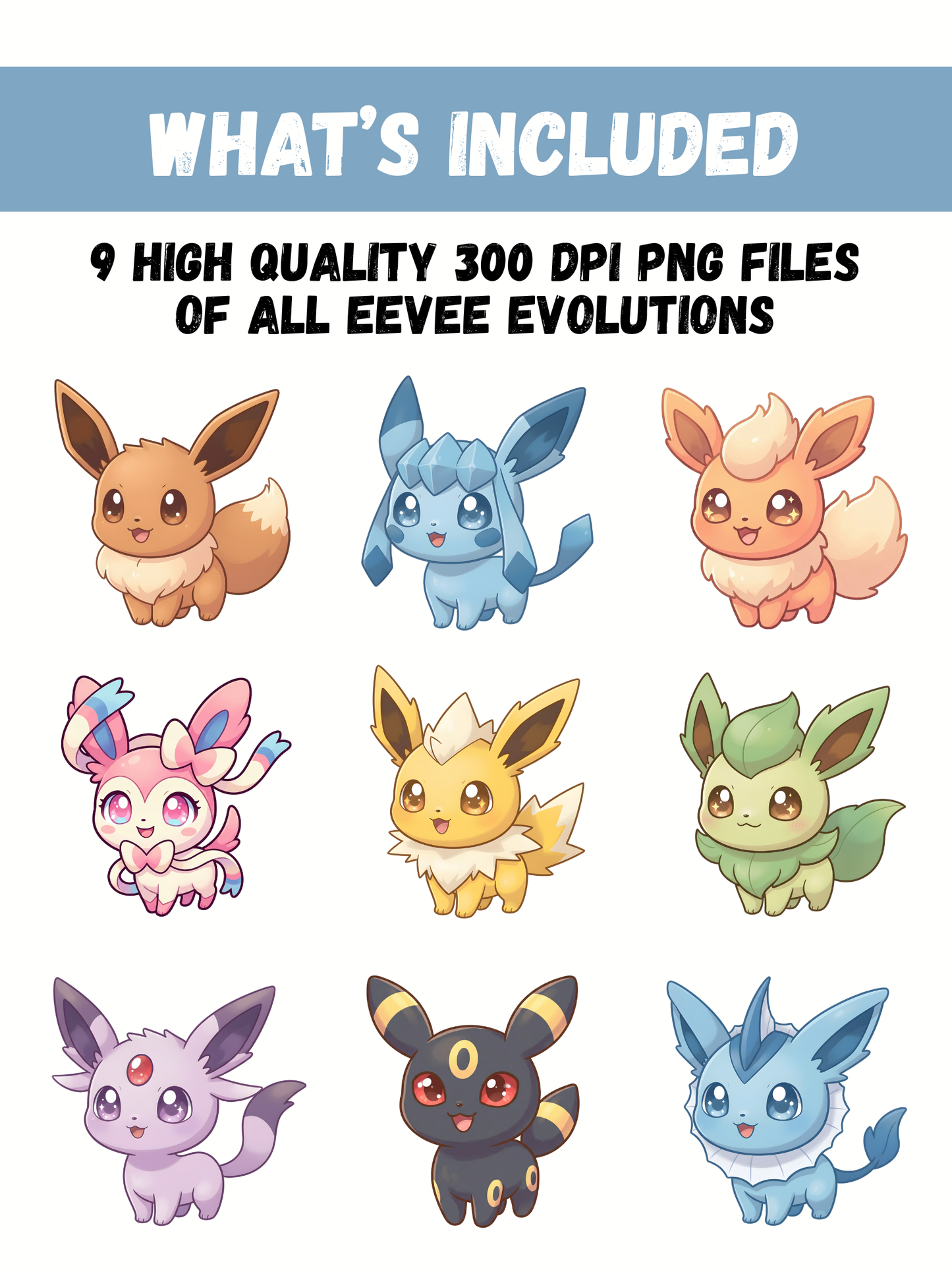 Pokemon PNG Bundle, Eevee Evolutions, Chibi Cute Kawaii Clipart, Eeveelution PNG SVG, Anime Digital Download, Instant Sublimation Art