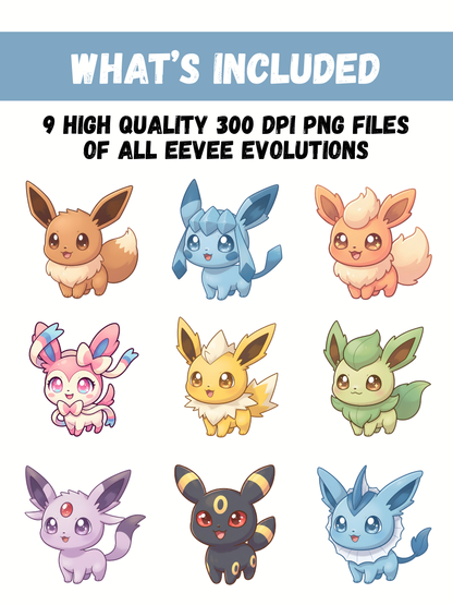 Pokemon PNG Bundle, Eevee Evolutions, Chibi Cute Kawaii Clipart, Eeveelution PNG SVG, Anime Digital Download, Instant Sublimation Art