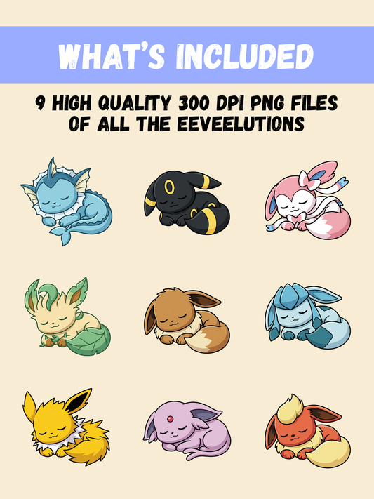 Sleeping Eeveelutions PNG Bundle, Chibi Kawaii Clipart, Eevee Evolutions PNG, Cute Anime Digital Download, Instant Sticker Sublimation Art