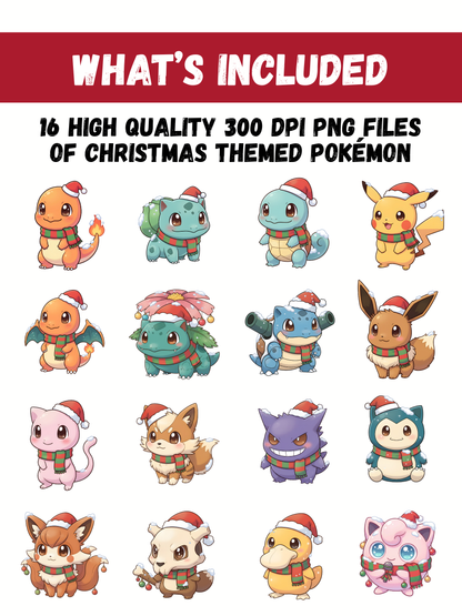Christmas Pokémon PNG Bundle, 16 Holiday Chibi Cute Kawaii Clipart, Festive Pokémon PNG, Anime Digital Download