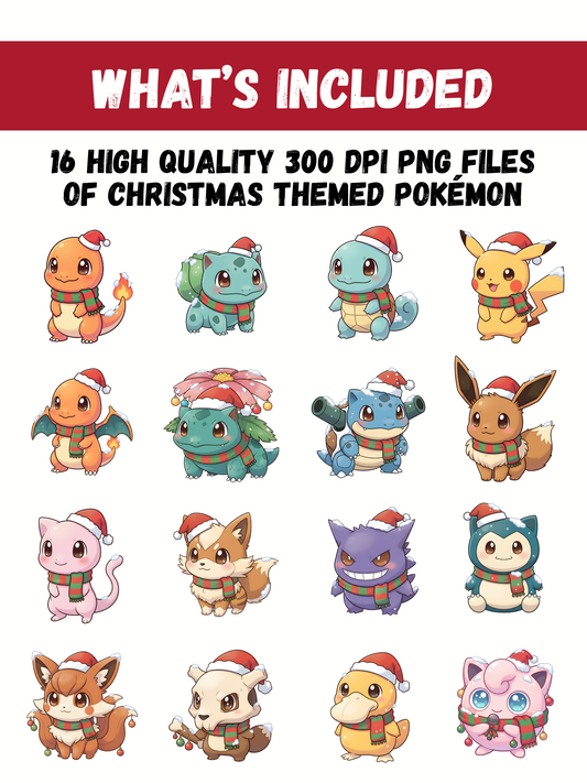 Christmas Pokémon PNG Bundle, 16 Holiday Chibi Cute Kawaii Clipart, Festive Pokémon PNG, Anime Digital Download