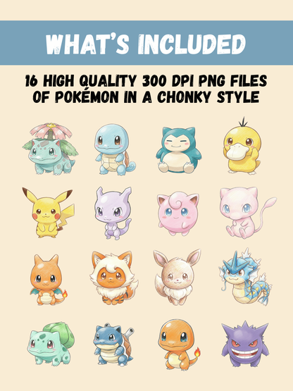 Pokémon Colored Pencil PNG Bundle, 16 Popular Gen 1 Pokémon, Hand Drawn Pencil Art, Digital Download