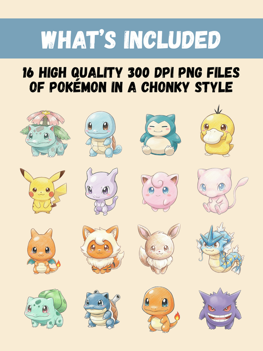 Pokémon Colored Pencil PNG Bundle, 16 Popular Gen 1 Pokémon, Hand Drawn Pencil Art, Digital Download