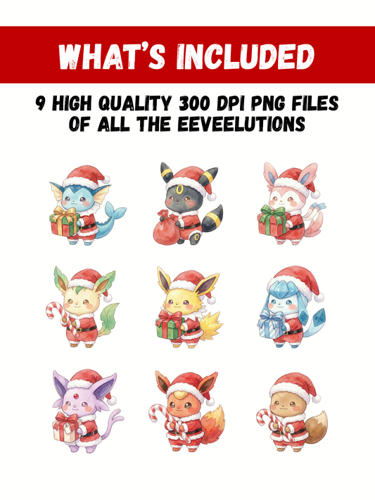 Eeveelutions Santa PNG Bundle, Christmas Pokémon Clipart, Cute Watercolor Kawaii Santa PNG, Holiday Digital Download