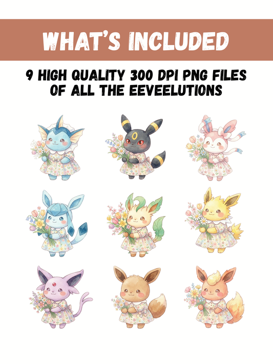 Eeveelutions Spring Floral Dress PNG Bundle, Watercolor Pokémon Clipart, Cute Kawaii Spring PNG, Pastel Flower Digital Download
