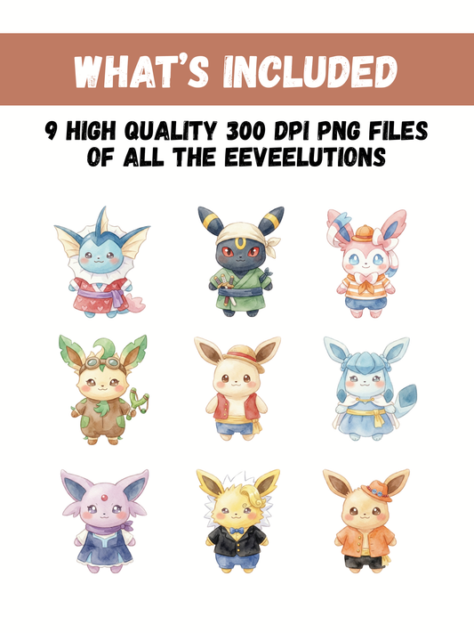 Eeveelutions Pirate Costumes PNG Pack, 9 Eevee Evolutions, Chibi Kawaii Clipart, Cute Pirate Outfits, Digital Download