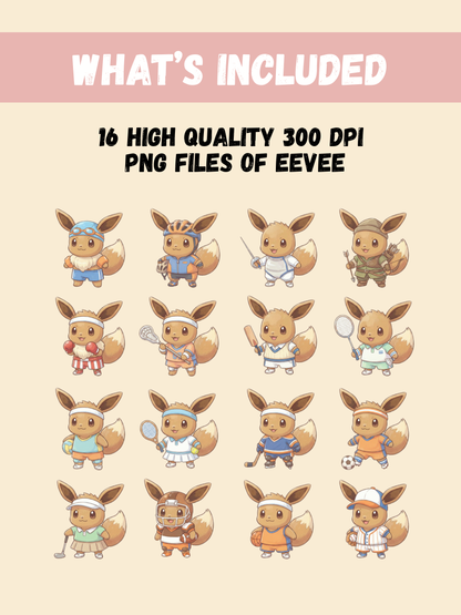 Eevee Playing Sports PNG Pack, 16 Eevee Sports, Chibi Cute Kawaii Clipart, Athlete Outfits, Anime PNG, Digital Download