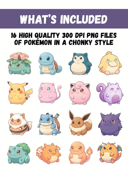 Chonky Pokémon PNG Bundle, 16 Cute Chunky Chibi Pokémon, Kawaii Chonky Style Art, Anime Digital Download, Instant Sublimation PNG