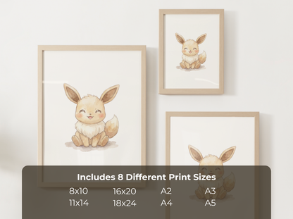 Pokemon Eevee Happy Nursery Wall Art Printable, Cute Kids Room Decor, Watercolor Pokemon Poster, Instant Download Digital Print