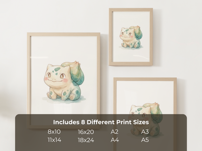 Pokemon Bulbasaur Happy Nursery Wall Art Printable, Cute Kids Room Decor, Watercolor Pokemon Poster, Instant Download Digital Print