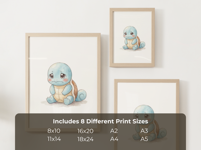 Pokemon Squirtle Sad Nursery Wall Art Printable, Cute Kids Room Decor, Watercolor Pokemon Poster, Instant Download Digital Print