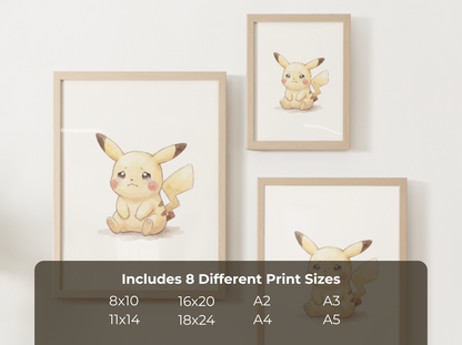 Pokemon Pikachu Sad Nursery Wall Art Printable, Cute Kids Room Decor, Watercolor Pokemon Poster, Instant Download Digital Print