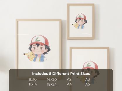 Ash and Pikachu Duo Nursery Wall Art Printable, Cute Kids Room Decor, Watercolor Trainer Pokemon Poster, Instant Download Digital Print
