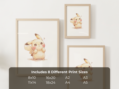 Pokemon Pikachu Confused Nursery Wall Art Printable, Cute Kids Room Decor, Watercolor Pokemon Poster, Instant Download Digital Print