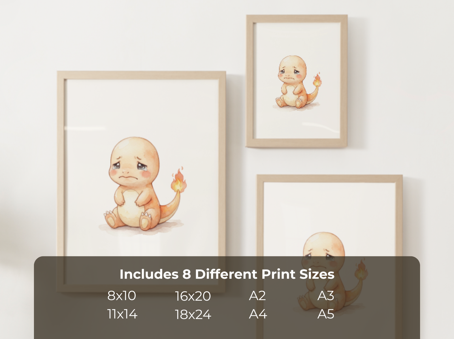 Pokemon Charmander Sad Nursery Wall Art Printable, Cute Kids Room Decor, Watercolor Pokemon Poster, Instant Download Digital Print