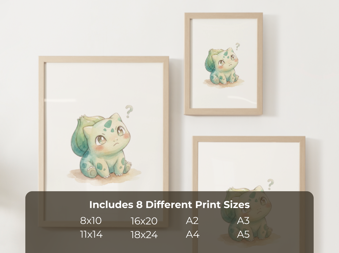 Pokemon Bulbasaur Confused Nursery Wall Art Printable, Cute Kids Room Decor, Watercolor Pokemon Poster, Instant Download Digital Print