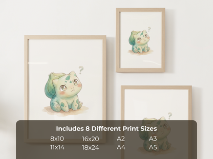 Pokemon Bulbasaur Confused Nursery Wall Art Printable, Cute Kids Room Decor, Watercolor Pokemon Poster, Instant Download Digital Print