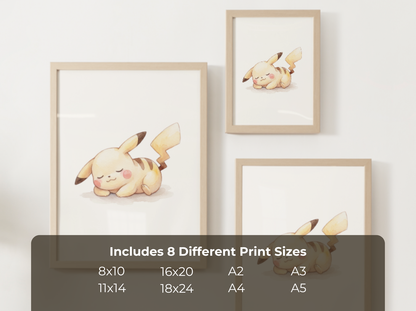 Pokemon Pikachu Sleepy Nursery Wall Art Printable, Cute Kids Room Decor, Watercolor Pokemon Poster, Instant Download Digital Print