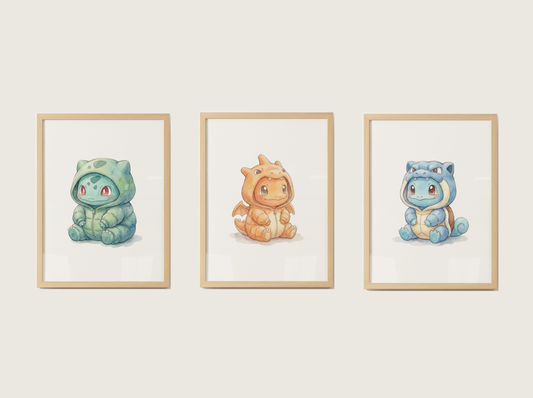 Gen 1 Starters Onesies Wall Art, 3 Printable Posters, Bulbasaur Charmander Squirtle, Nursery Decor, Digital Download