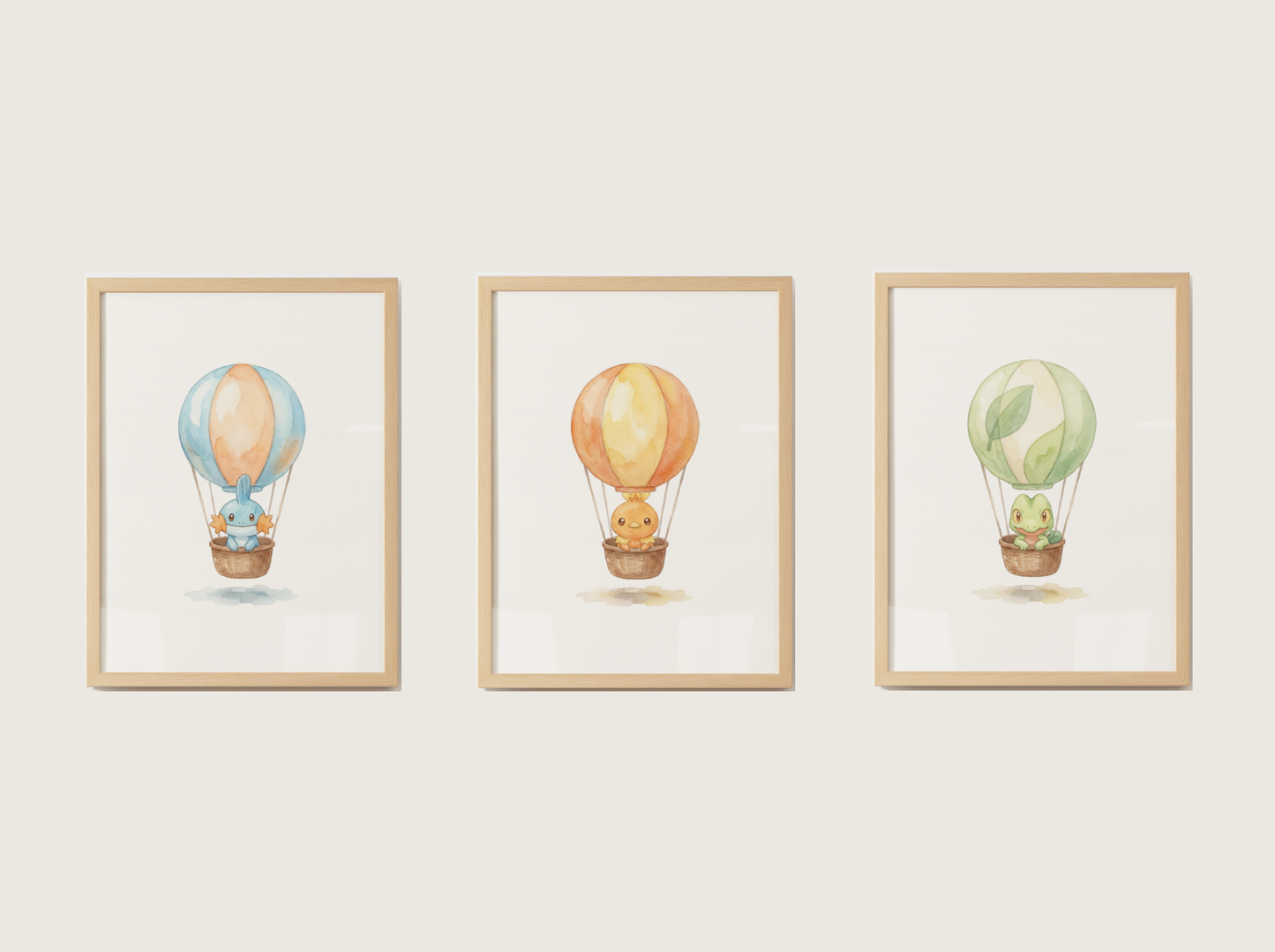 Gen 3 Starters Hot Air Balloon Wall Art, 3 Printable Posters, Treecko Torchic Mudkip, Digital Download