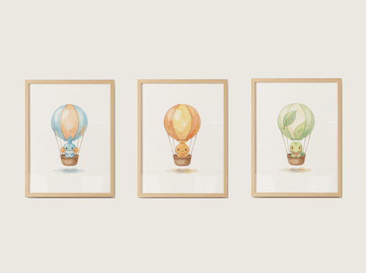 Gen 3 Starters Hot Air Balloon Wall Art, 3 Printable Posters, Treecko Torchic Mudkip, Digital Download
